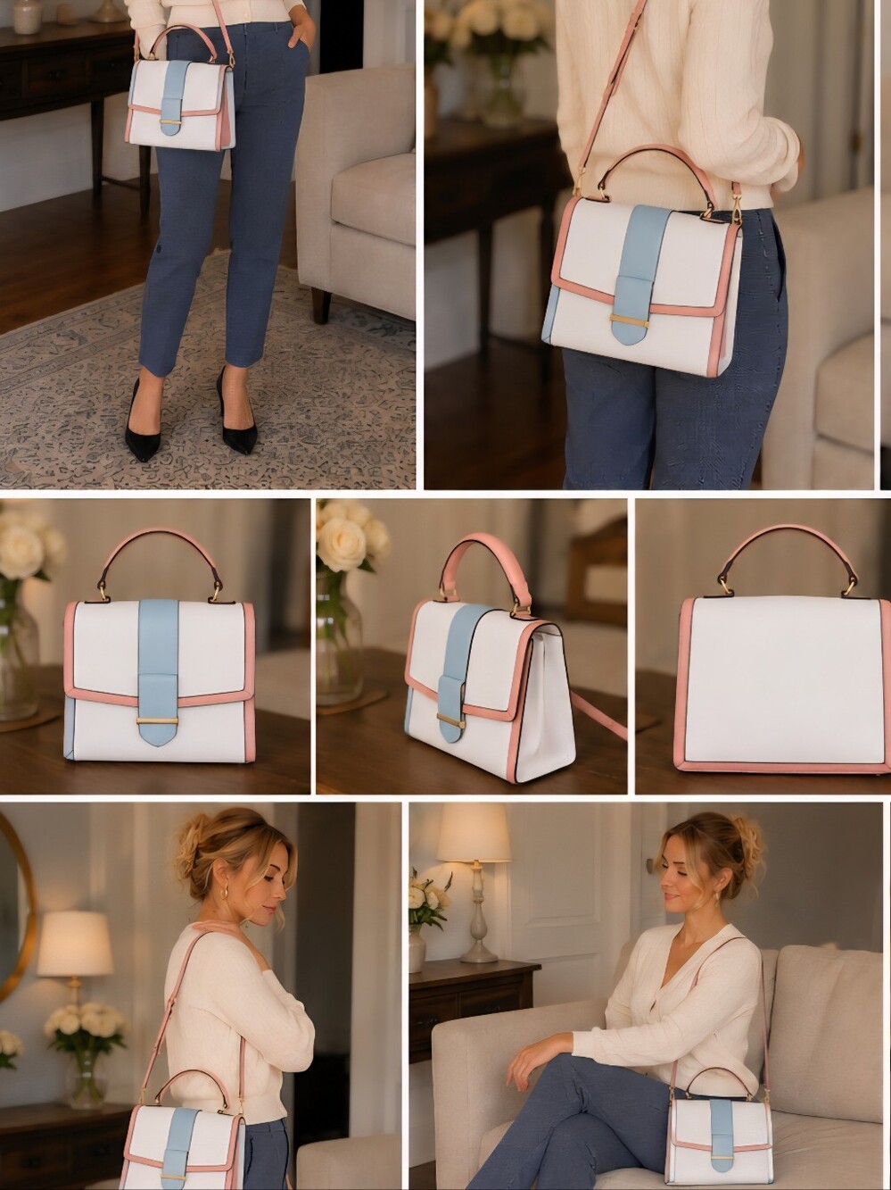 Aldo White Satchel with Pink and Light Blue Trim